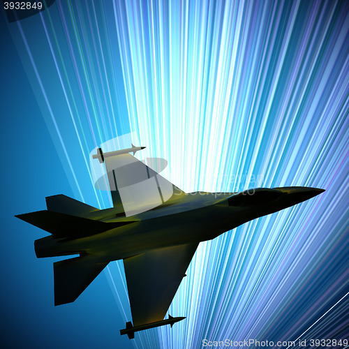 Image of Fighter jet flying against a blue sky, 3d illustration