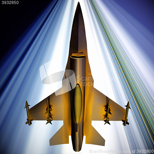 Image of Fighter jet flying against a blue sky, 3d illustration