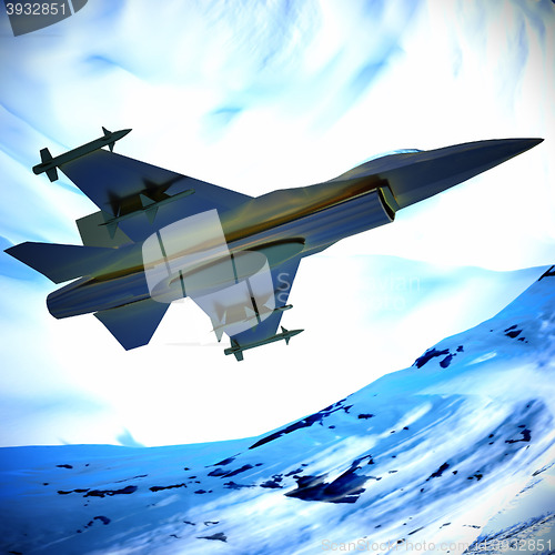 Image of Fighter jet flying against a blue sky, 3d illustration