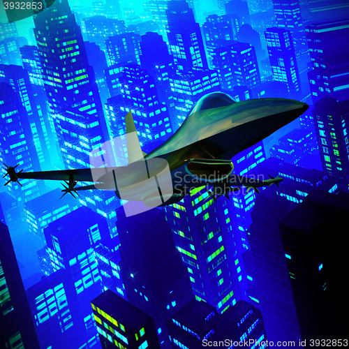 Image of Fighter jet flying against a blue sky, 3d illustration