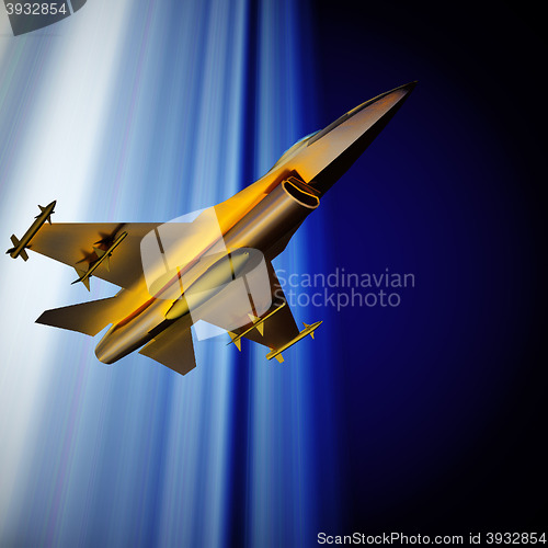 Image of Fighter jet flying against a blue sky, 3d illustration