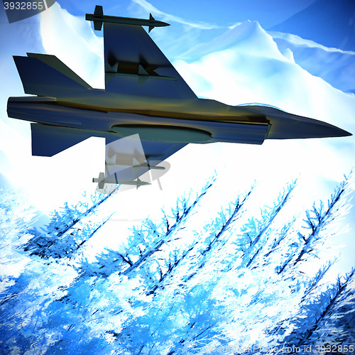 Image of Fighter jet flying against a blue sky, 3d illustration