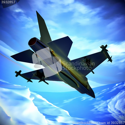 Image of Fighter jet flying against a blue sky, 3d illustration