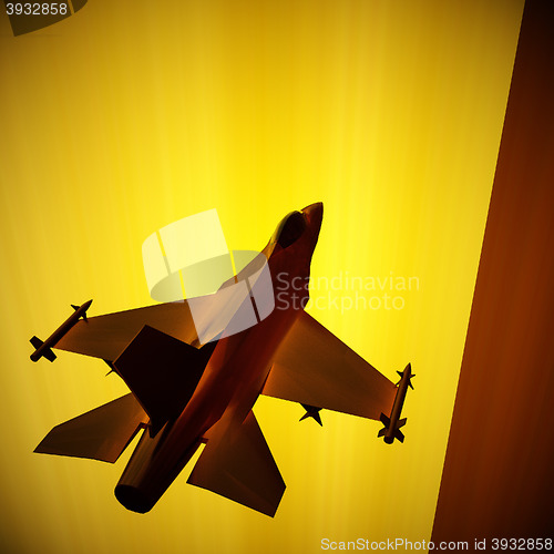 Image of Fighter jet flying against a blue sky, 3d illustration