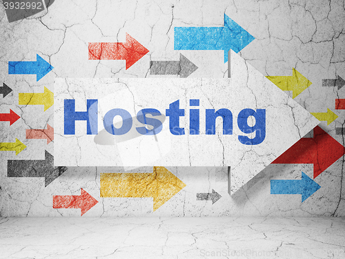 Image of Web design concept: arrow with Hosting on grunge wall background