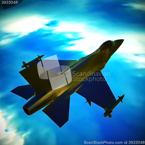 Image of Fighter jet flying against a blue sky, 3d illustration