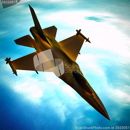 Image of Fighter jet flying against a blue sky, 3d illustration