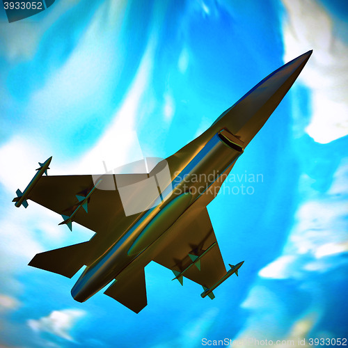 Image of Fighter jet flying against a blue sky, 3d illustration