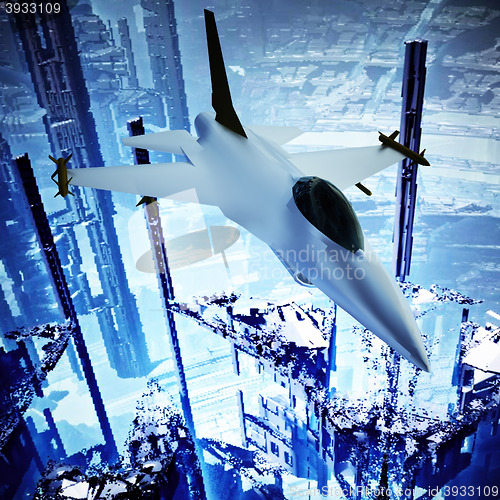 Image of Fighter jet flying against a blue sky, 3d illustration