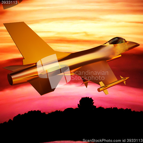 Image of Fighter jet flying against a blue sky, 3d illustration