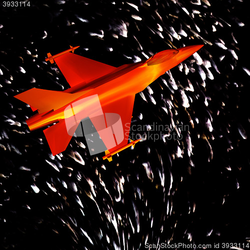 Image of Fighter jet flying against a blue sky, 3d illustration