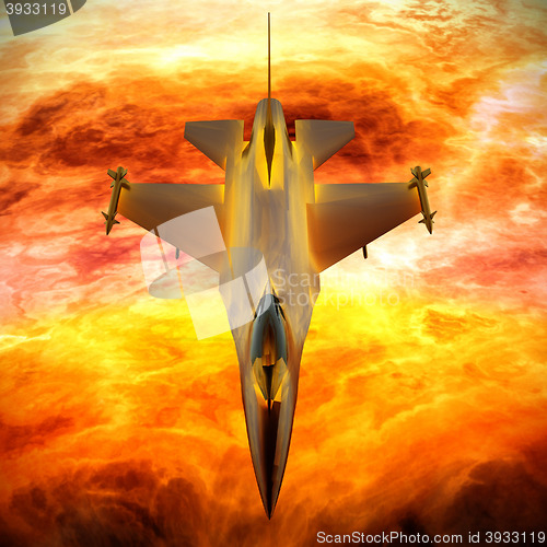 Image of Fighter jet flying against a blue sky, 3d illustration