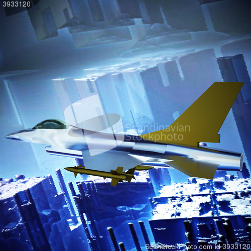 Image of Fighter jet flying against a blue sky, 3d illustration