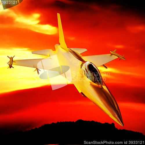 Image of Fighter jet flying against a blue sky, 3d illustration