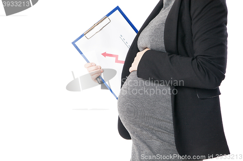 Image of Close-up of pregnant woman holding folder with business graph