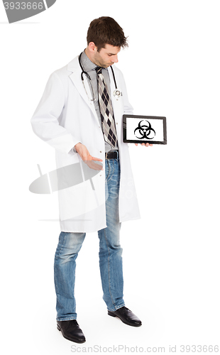 Image of Doctor holding tablet - Warning! Biohazard!