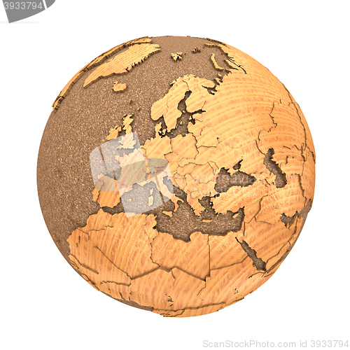 Image of Europe on wooden planet Earth