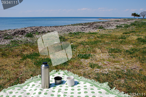 Image of Blanket with thermos on the beach