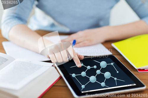 Image of close up of woman with molecule on tablet pc