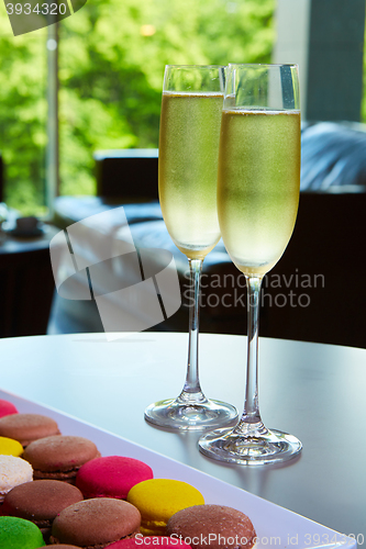 Image of Two glasses of sparkling wine or champagne on a table