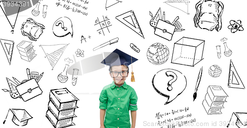 Image of happy boy in bachelor hat or mortarboard