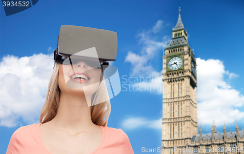 Image of woman in virtual reality headset or 3d glasses