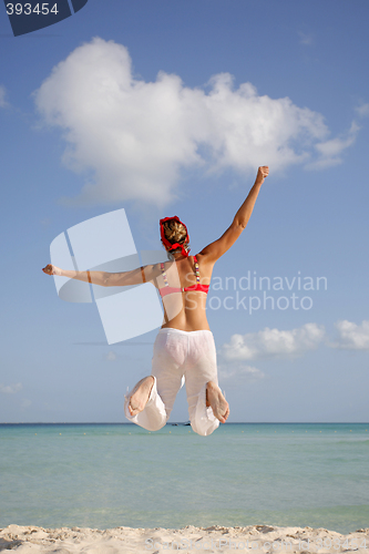 Image of Woman jumping on the Beach