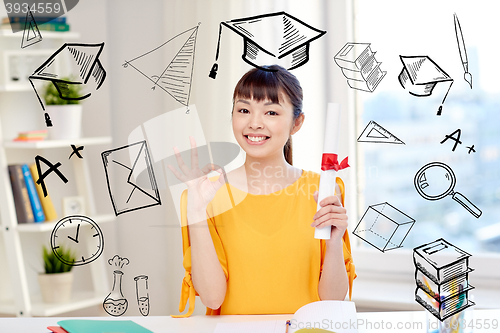 Image of happy asian woman student with diploma at home