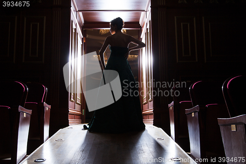 Image of back view of elegant woman\'s silhouette in doors