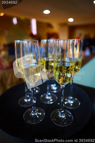 Image of Full glasses of Champagne on tray