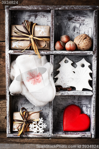 Image of Box with Christmas decorations