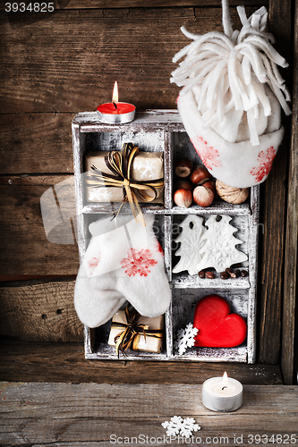 Image of Box with Christmas decorations