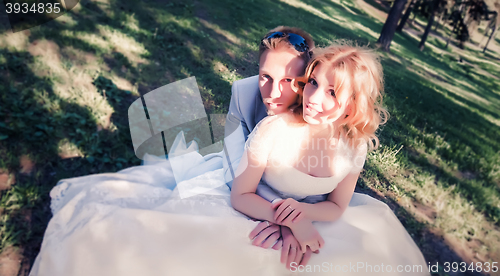 Image of Wedding couple sit on the grass in the forest