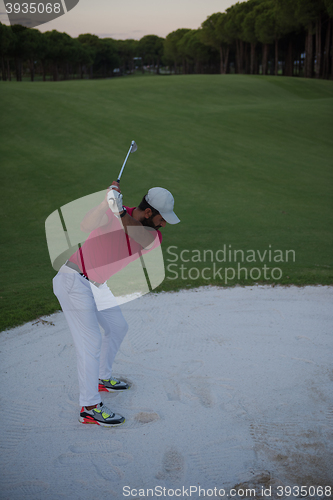 Image of golfer hitting a sand bunker shot on sunset