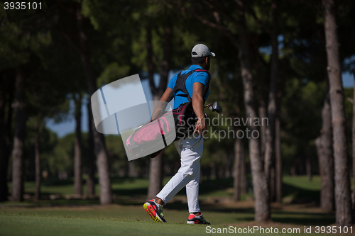 Image of golf player walking and carrying bag