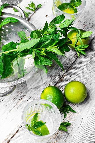 Image of Still life with drink,lime and mint