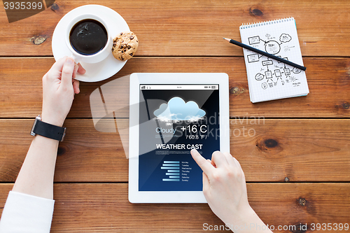 Image of close up of woman with weather cast on tablet pc