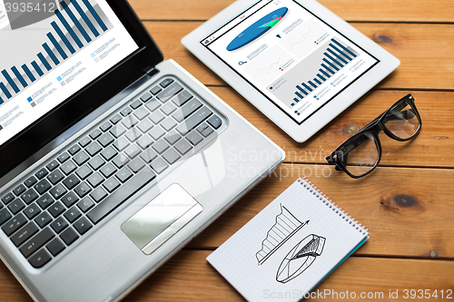 Image of close up of on laptop, tablet pc and notebook