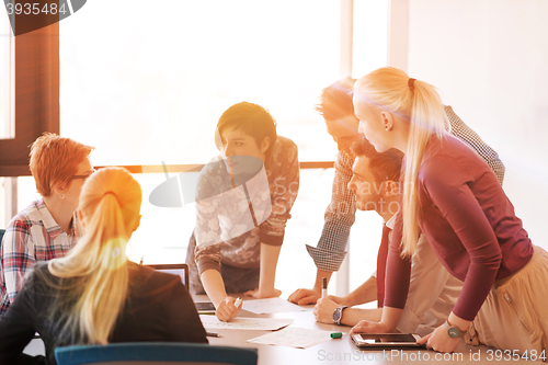 Image of startup business team on meeting at modern office with sunset in