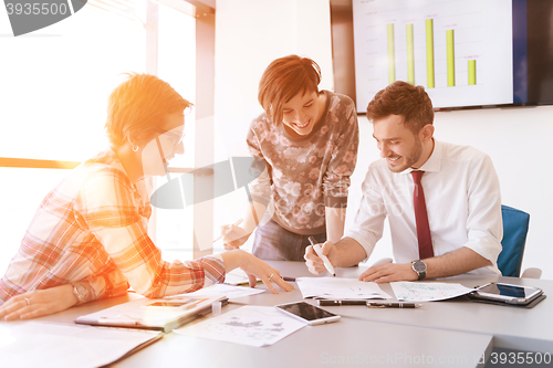 Image of startup business team on meeting at modern office with sunset in