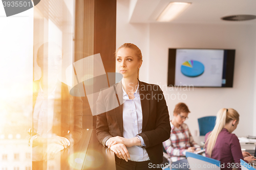 Image of portrait of young business woman at office with team on meeting 