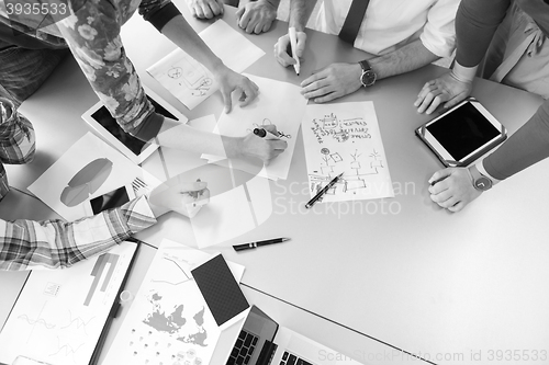 Image of startup business team on meeting at modern office with sunset in