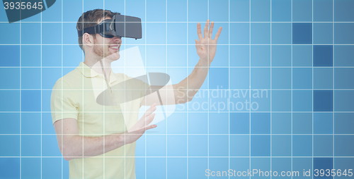 Image of happy man in virtual reality headset or 3d glasses