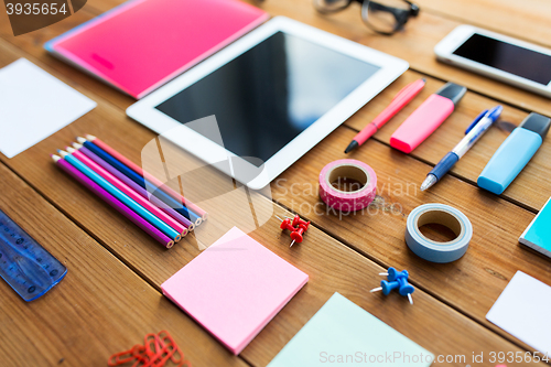 Image of close up of school supplies and tablet pc