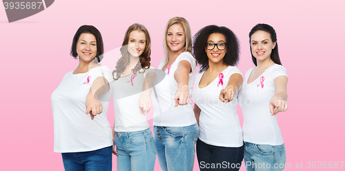 Image of happy women with breast cancer awareness ribbons