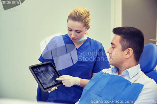 Image of female dentist with tablet pc and male patient
