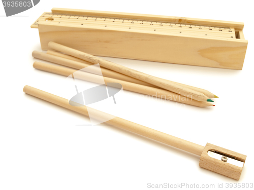 Image of pencils, sharpener and pencil-box