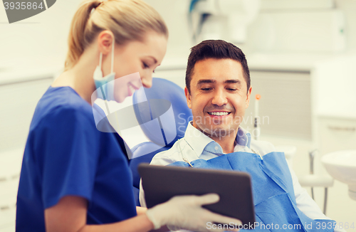 Image of female dentist with tablet pc and male patient