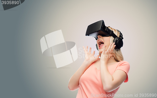 Image of woman in virtual reality headset or 3d glasses