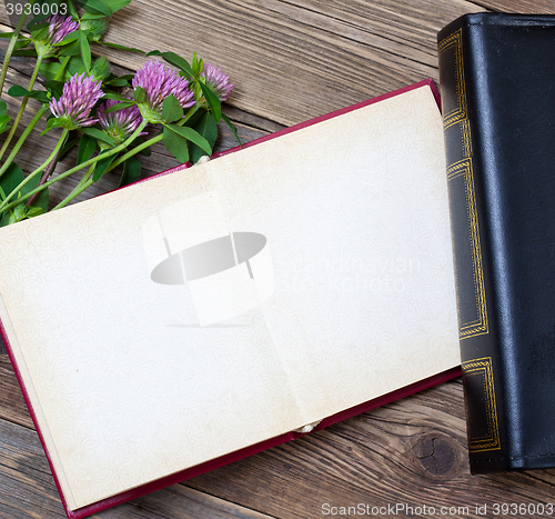 Image of Flat lay with photo album and flowers